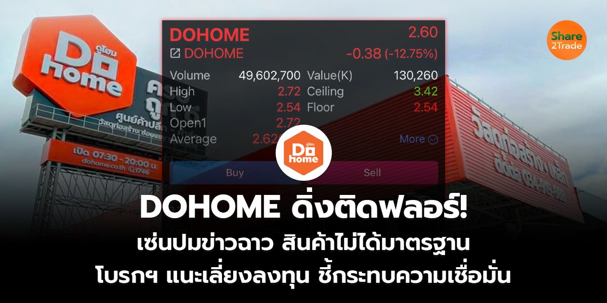 DOHOME ดิ่งติดฟลอร์!  เซ่นปมข่าวฉาว สินค้าไม่ได้มาตรฐาน  โบรกฯ แนะเลี่ยงลงทุน ชี้กระทบความเชื่อมั่น