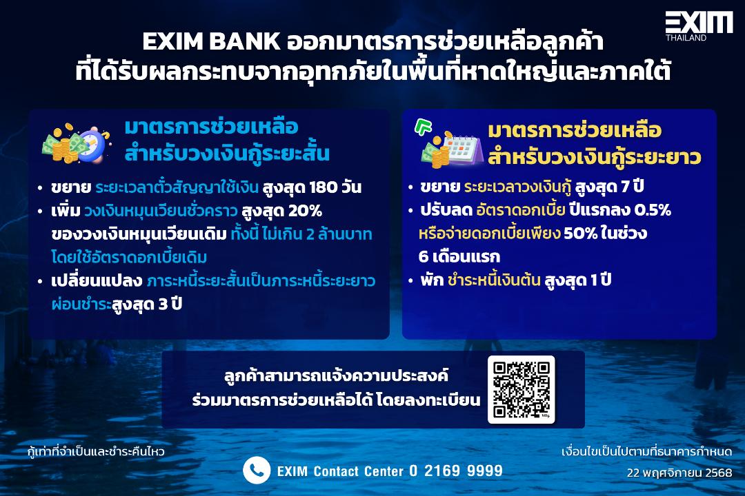 EXIM BANK ออกมาตรการช่วยลูกค้า ที่ได้รับผลกระทบจากอุทกภัยภาคใต้