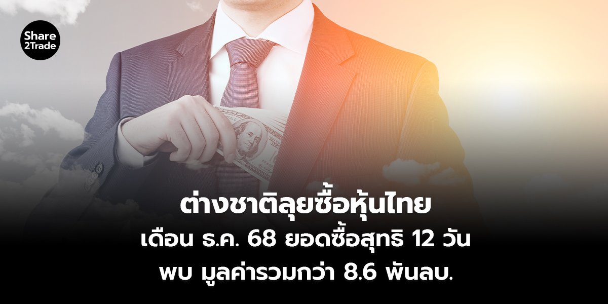 ต่างชาติลุยซื้อหุ้นไทย เดือน ธ.ค. 68 ยอดซื้อสุทธิ 12 วัน พบ มูลค่ารวมกว่า 8.6 พันลบ.