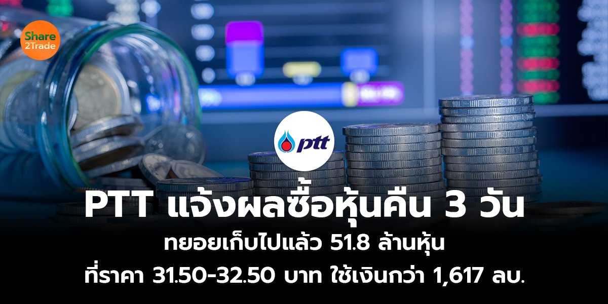 PTT แจ้งผลซื้อหุ้นคืน 3 วัน  ทยอยเก็บไปแล้ว 51.8 ล้านหุ้น  ที่ราคา 31.50-32.50 บาท ใช้เงินกว่า 1,617 ลบ.