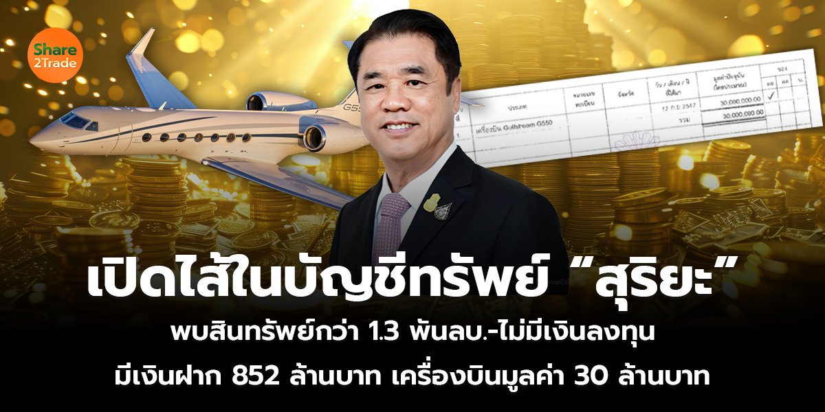 เปิดไส้ในบัญชีทรัพย์  “สุริยะ” พบสินทรัพย์กว่า 1.3 พันลบ.-ไม่มีเงินลงทุน มีเงินฝาก 852 ลบ.-เครื่องบินมูลค่า 30 ล้านบาท