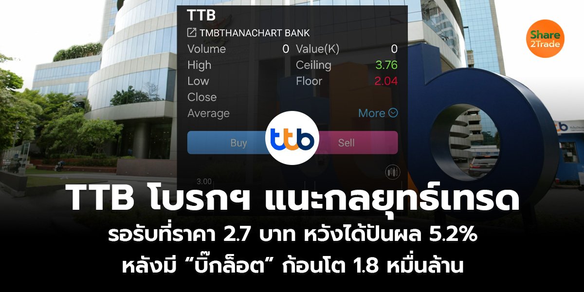 โบรกฯ แนะกลยุทธ์เทรด TTB  รอรับที่ราคา 2.7 บาท หวังได้ปันผล 5.2% หลังมี “บิ๊กล็อต” ก้อนโต 1.8 หมื่นล้าน