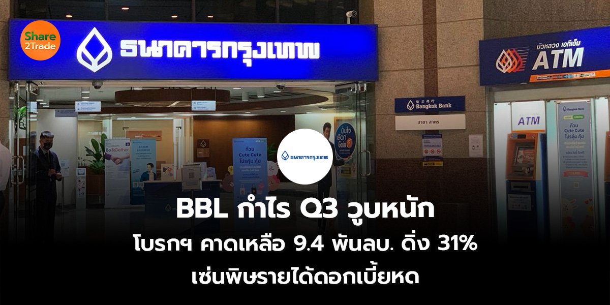 BBL กำไร Q3 วูบหนัก โบรกฯ คาดเหลือ 9.4 พันลบ. ดิ่ง 31% เซ่นพิษรายได้ดอกเบี้ยหด