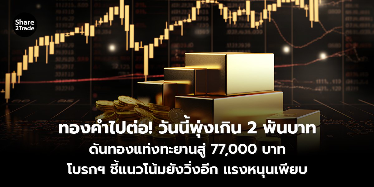 ทองคำไปต่อ! วันนี้พุ่งเกิน 2 พันบาท ดันทองแท่งทะยานสู่ 77,000 บาท โบรกฯ ชี้แนวโน้มยังวิ่งอีก แรงหนุนเพียบ