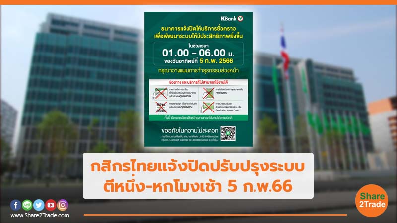 กสิกรไทยแจ้งปิดปรับปรุงระบบ ตีหนึ่ง-หกโมงเช้า 5 ก.พ. 66