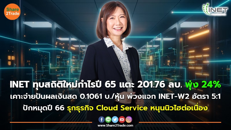 INET ทุบสถิติใหม่กำไรปี 65 แตะ 201.76 ลบ. พุ่ง 24% เคาะจ่ายปันผลเงินสด 0.1061 บ./หุ้น พ่วงแจก INET-W2 อัตรา 5:1 ปักหมุดปี 66 รุกธุรกิจ Cloud Service หนุนนิวไฮต่อเนื่อง