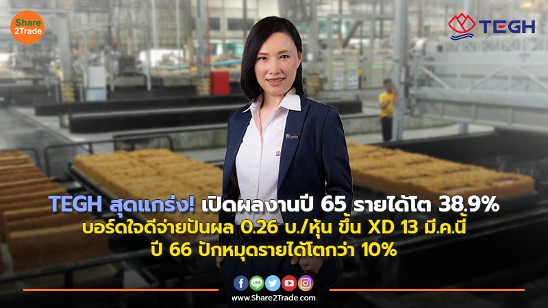 TEGH สุดแกร่ง! เปิดผลงานปี 65 รายได้โต 38.9% บอร์ดใจดีจ่ายปันผล 0.26 บ./หุ้น ขึ้น XD 13 มี.ค.นี้