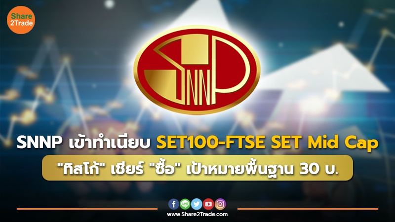 SNNP เข้าทำเนียบ SET100-FTSE SET Mid Cap "ทิสโก้" เชียร์ "ซื้อ" เป้าหมายพื้นฐาน 30 บ.