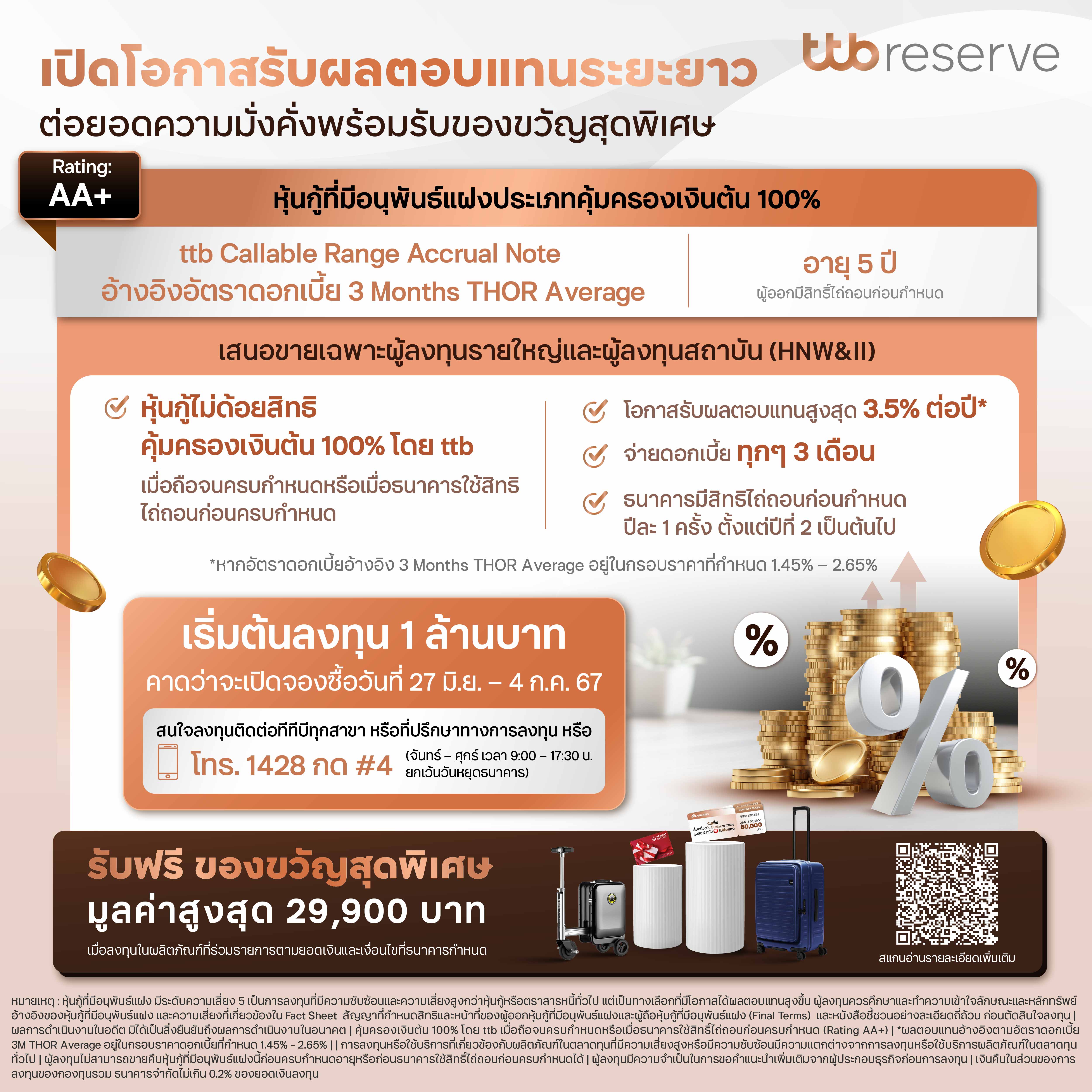 ทีทีบี เตรียมเสนอขายหุ้นกู้ที่มีอนุพันธ์แฝง ตั้งแต่วันที่ 27 มิถุนายน – 4 กรกฎาคม 2567