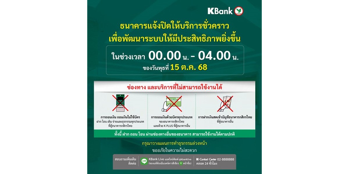 กสิกรไทยแจ้งปิดให้บริการชั่วคราว เป็นเวลา 4 ชั่วโมง ช่วง 00.00-04.00 น. ของ 15 ต.ค. 68