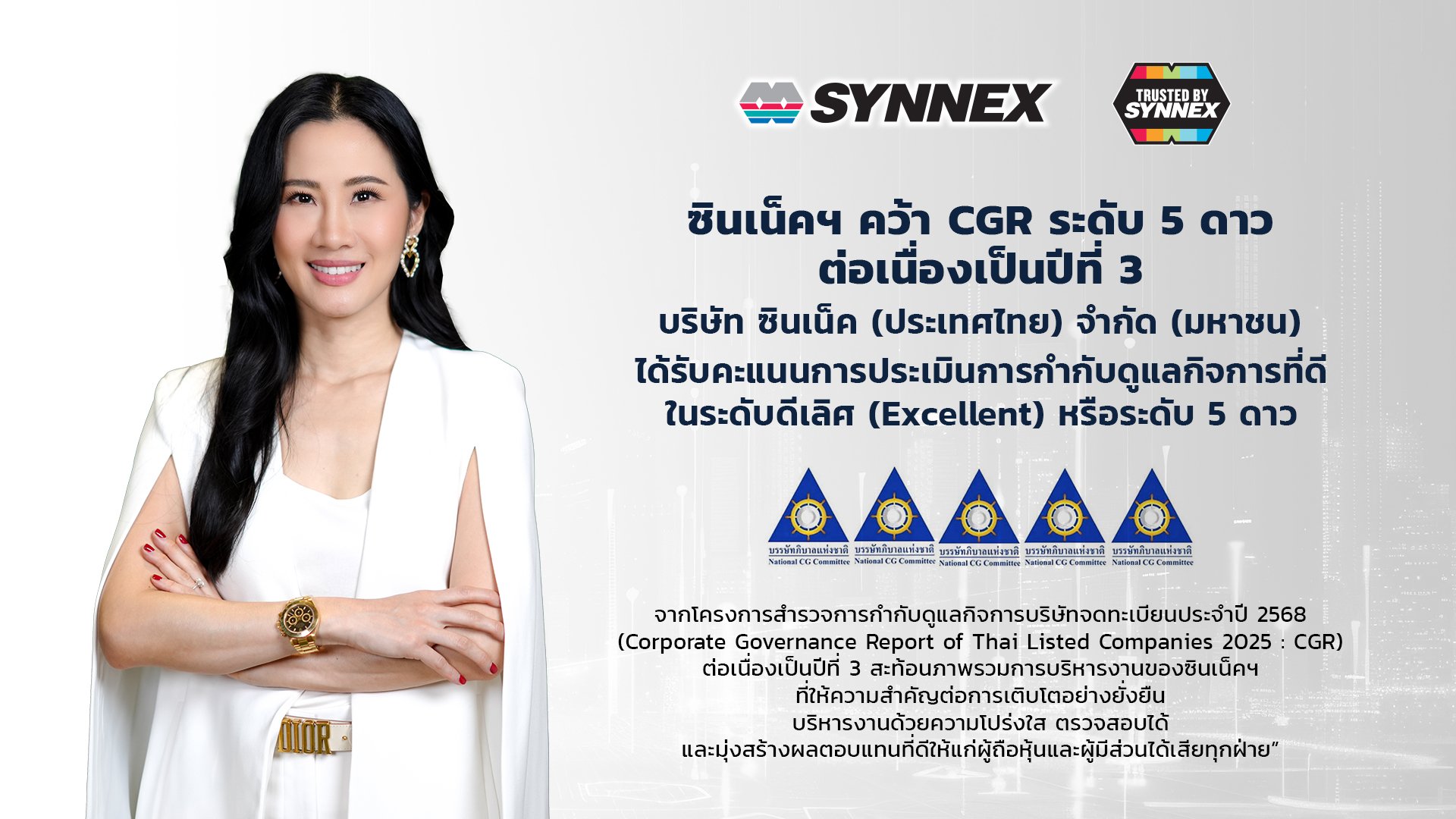 SYNEX คว้า CGR ระดับ “5 ดาว” ต่อเนื่องเป็นปีที่ 3 ตอกย้ำธรรมาภิบาลแข็งแกร่ง และการเติบโตอย่างยั่งยืน