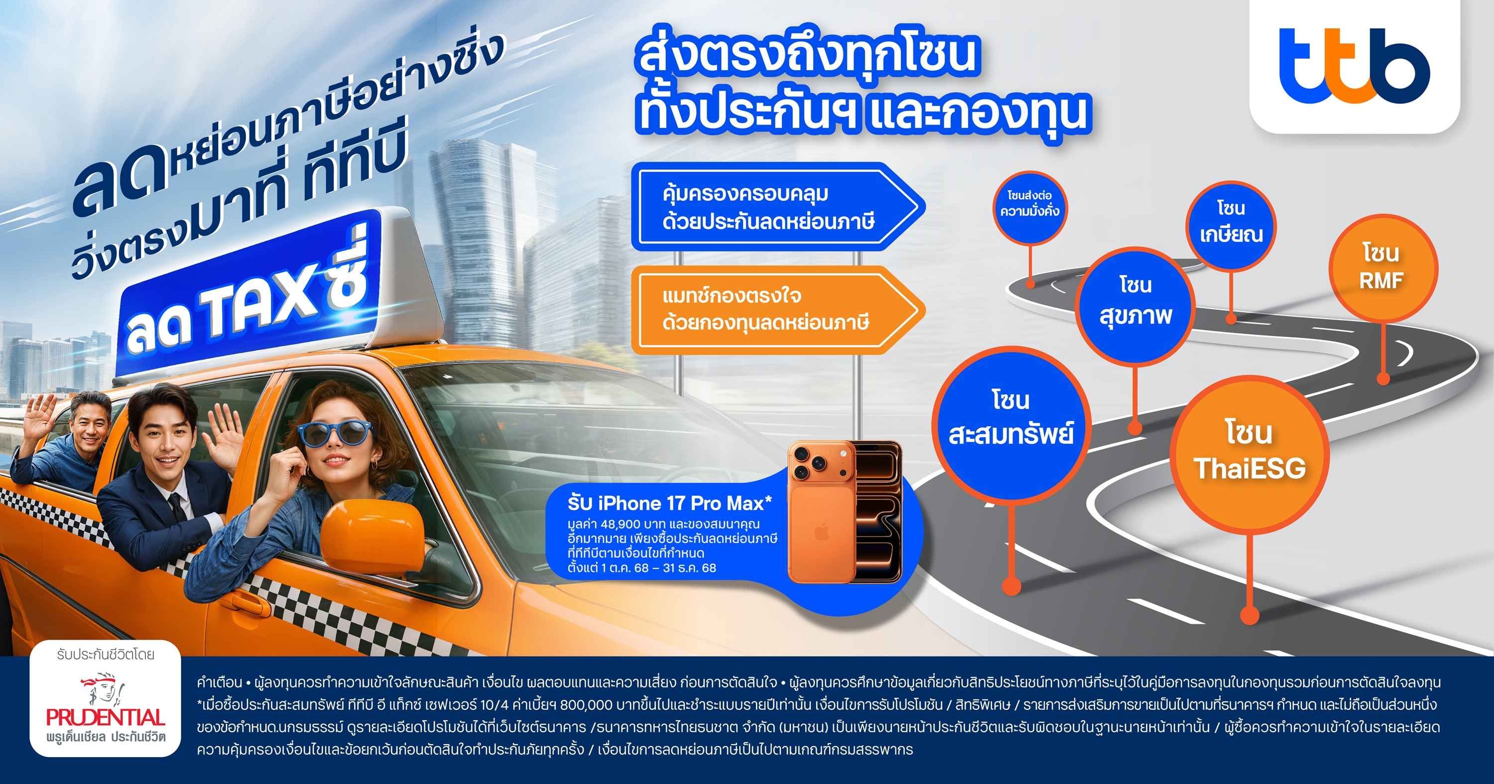 ทีทีบี ร่วมกับ พรูเด็นเชียล ประเทศไทย ชวนลูกค้า "ลด TAX ซี่" ต้อนรับเทศกาลลดหย่อนภาษี  พร้อมโปรโมชันสุดปังมอบ iPhone17 pro max และเงินคืนสูงสุด 31%