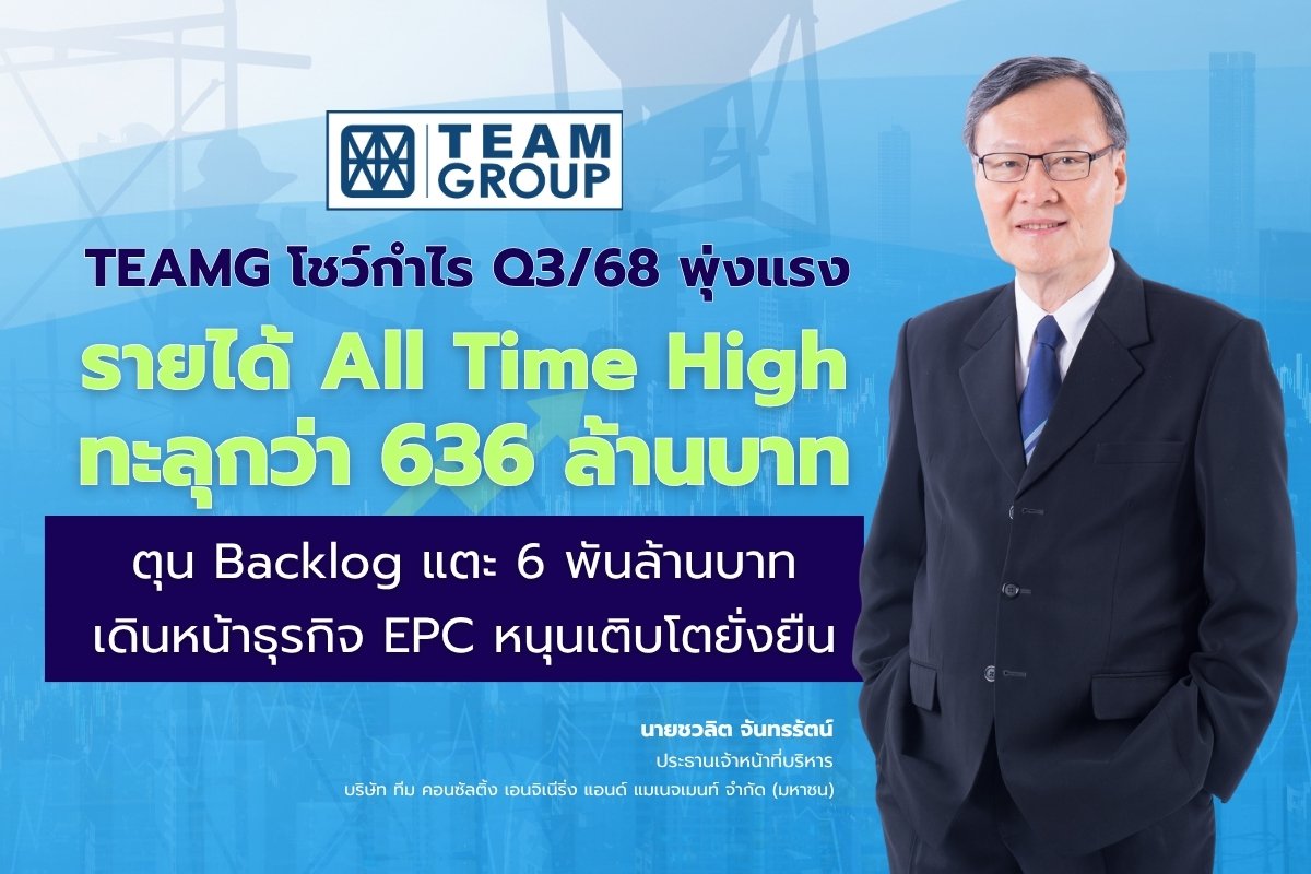 TEAMG โชว์กำไร Q3/68 พุ่งแรง ทะลุกว่า 636 ล้านบาท เดินหน้าธุรกิจ EPC หนุนเติบโตยั่งยืน