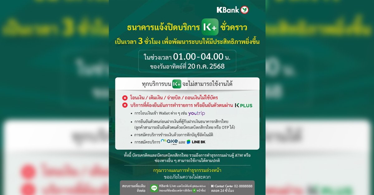 ธนาคารกสิกรไทยปิดบริการ K PLUS ชั่วคราว 3 ชั่วโมงอาทิตย์ที่ 20 ก.ค.68 เวลา 01.00 – 04.00 น.