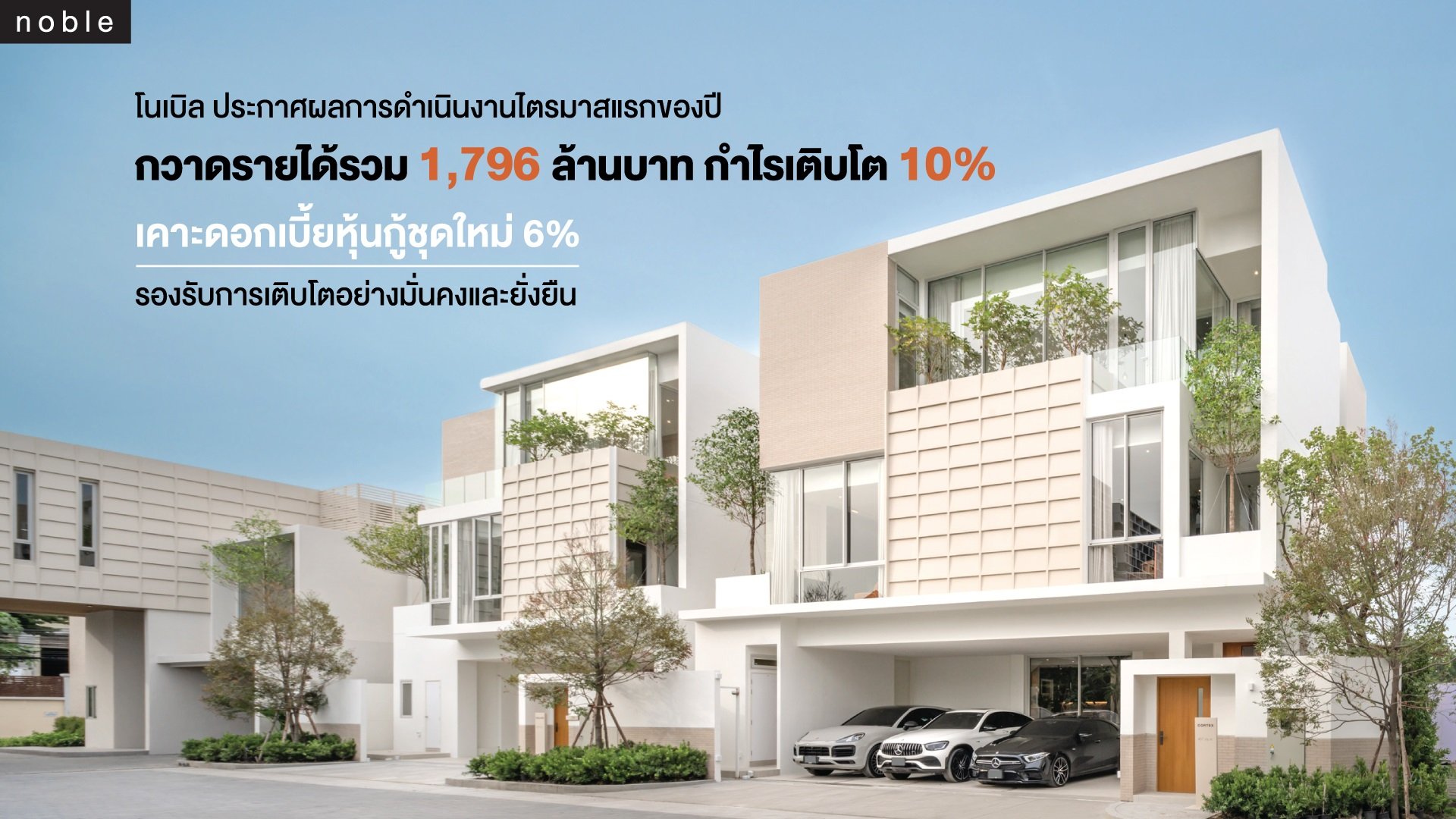โนเบิล ประกาศผลการดำเนินงานไตรมาสแรกของปี   กวาดรายได้รวมกว่า 1,800 ล้านบาท กำไรเติบโต 10%  เคาะดอกเบี้ยหุ้นกู้ชุดใหม่ 6% รองรับการเติบโตอย่างมั่นคงและยั่งยืน