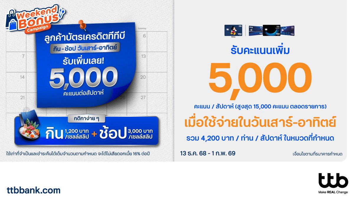 บัตรเครดิต ttb ชวนกิน ช้อปสุดคุ้ม เสาร์ - อาทิตย์ รับคะแนนสะสมเพิ่มพิเศษ 5,000 คะแนน / สัปดาห์