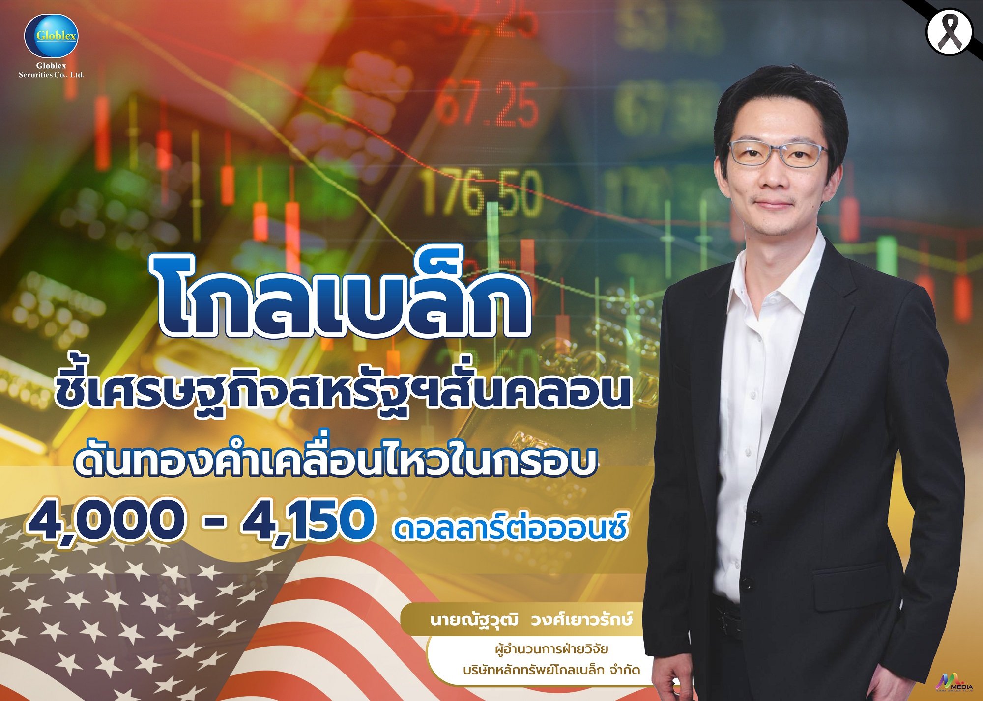 “โกลเบล็ก” ชี้เศรษฐกิจสหรัฐฯสั่นคลอน ดันทองคำเคลื่อนไหวในกรอบ 4,000 – 4,150 ดอลลาร์ต่อออนซ์