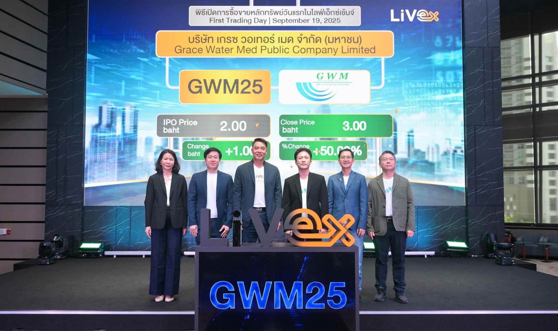 GWM25 เปิดเทรดวันแรก LiVEx ราคาพุ่ง 50% ตั้งเป้าผลงานปี 68 มากกว่า 180 ล้านบาท พร้อมปักธงภายใน 3 ปีเข้าตลาด mai   