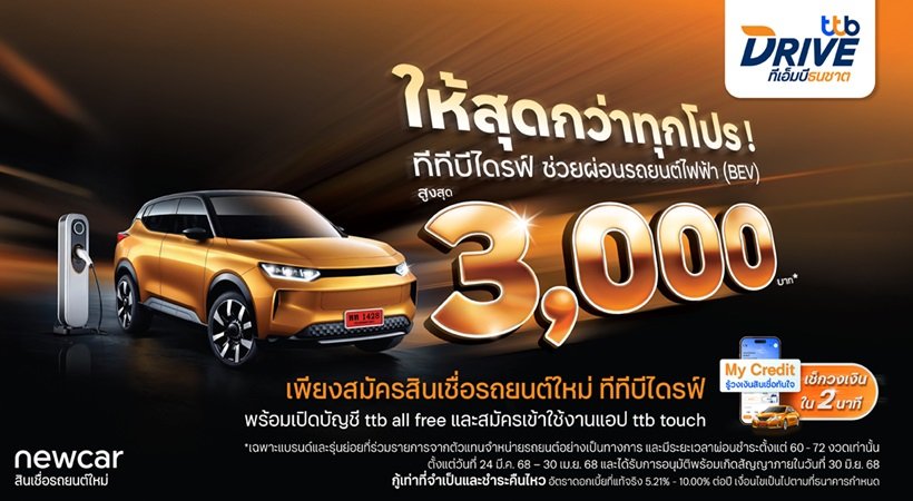 ทีทีบีไดรฟ์ จัดโปรสุดคุ้มช่วยผ่อนรถไฟฟ้าสูงสุด 3,000 บาท ในงาน Motor Show 2025 เช็ควงเงินสินเชื่อได้ทันใจผ่าน My Credit