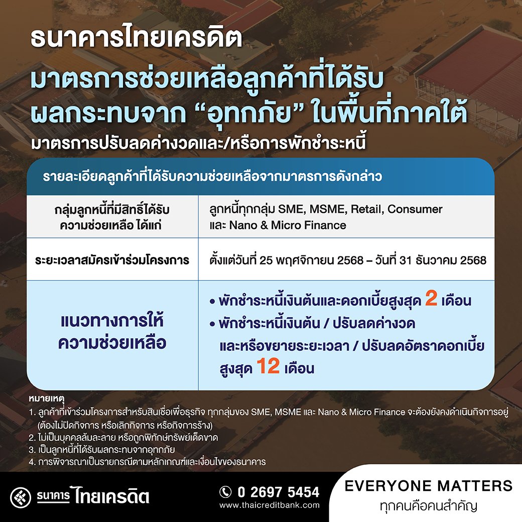 ธ.ไทยเครดิต ออกมาตรการช่วยเหลือ ผู้ประสบอุทกภัยในพื้นที่ภาคใต้