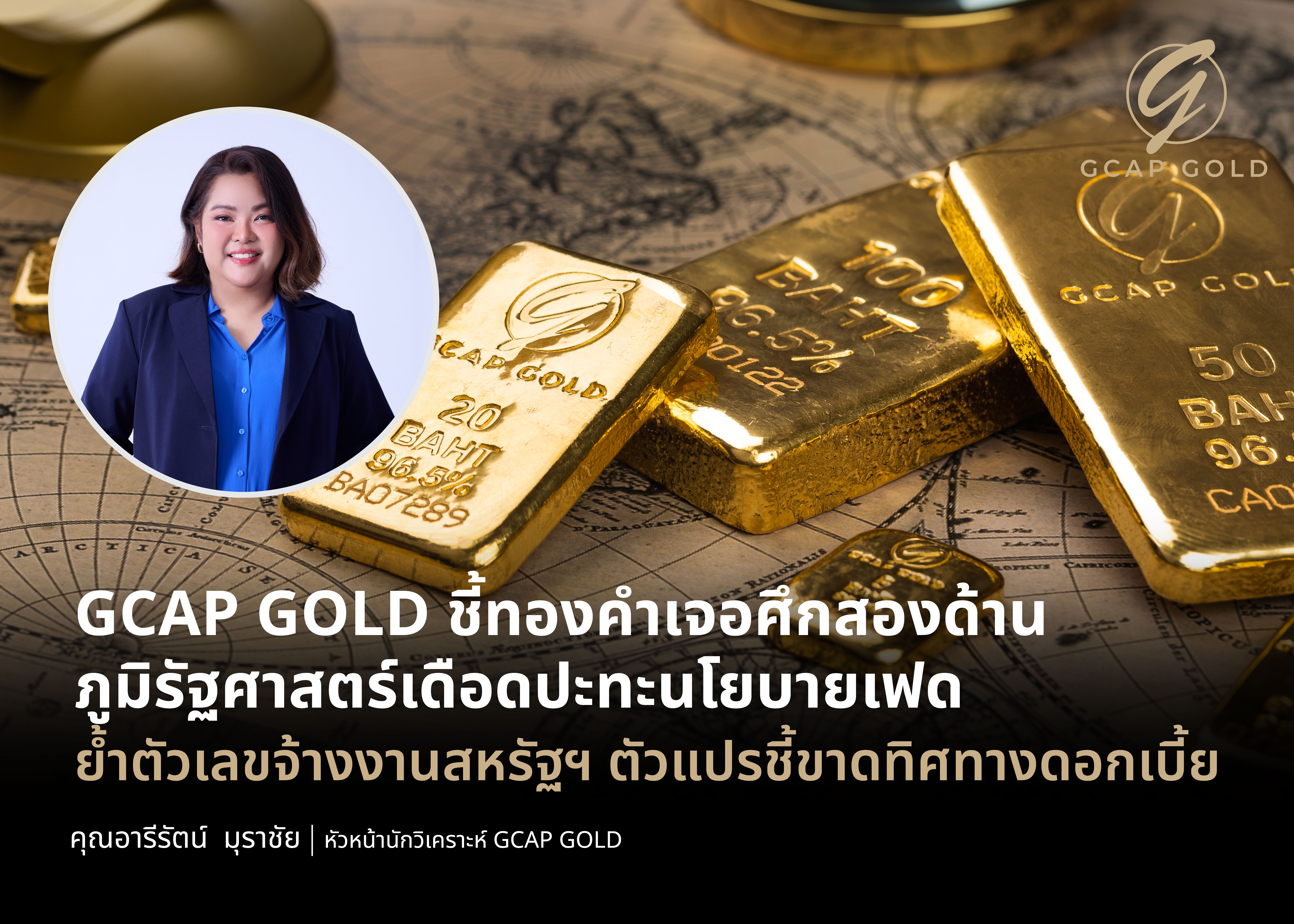 GCAP GOLD ชี้ทองคำเจอศึกสองด้าน ภูมิรัฐศาสตร์เดือดปะทะนโยบายเฟด ย้ำตัวเลขจ้างงานสหรัฐฯ ตัวแปรชี้ขาดทิศทางดอกเบี้ย