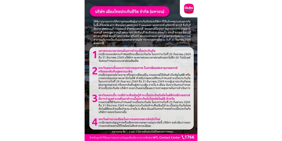 เมืองไทยประกันชีวิต ออกมาตรการ  ช่วยเหลือลูกค้าที่ประสบภัยน้ำท่วม