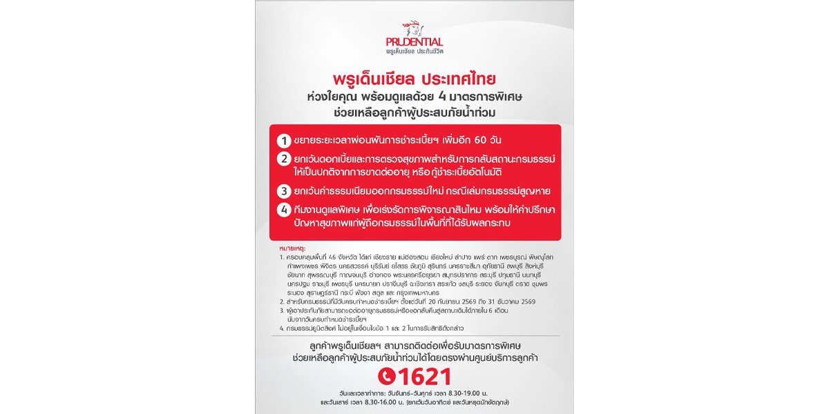 พรูเด็นเชียล ประเทศไทยงัด 4 มาตรการ ช่วยเหลือลูกค้าผู้ประสบภัยน้ำท่วม