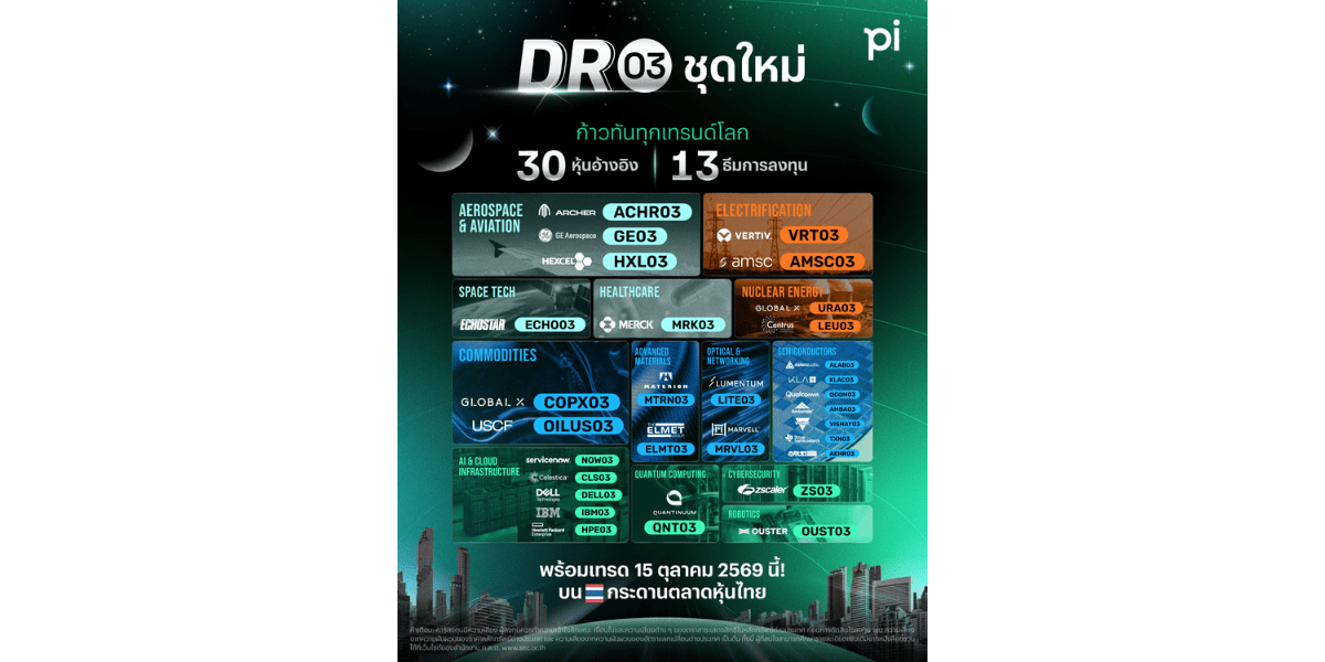 บล.พาย เปิด 30 DR03 ใหม่ ครบ 13 ธีมลงทุนโลก ชูหุ้นเฉพาะทางที่มี Pi รายเดียว พร้อมเทรด 15 ต.ค.นี้