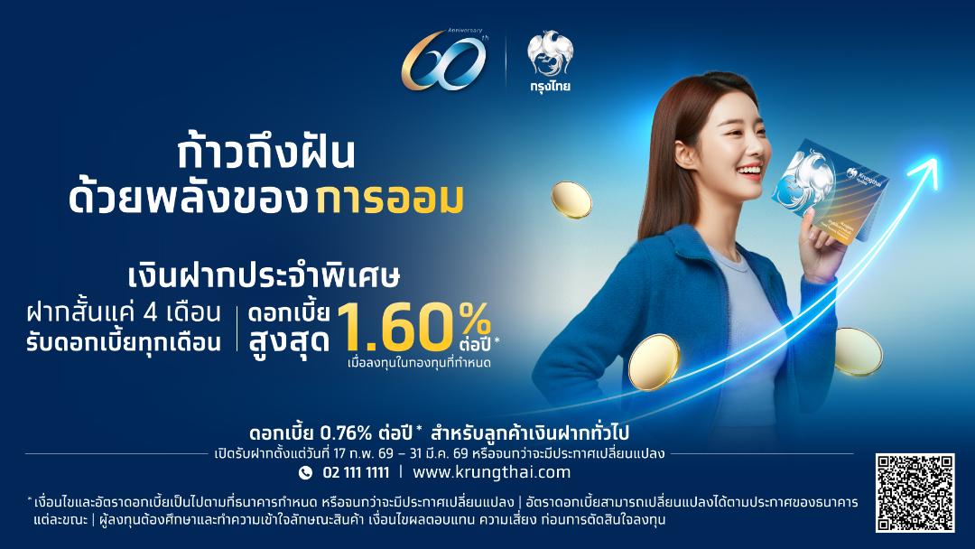ธนาคารกรุงไทยครบรอบ 60 ปี ดึงเงินฝากประจำจ่ายดบ. สูงสุด 1.60%