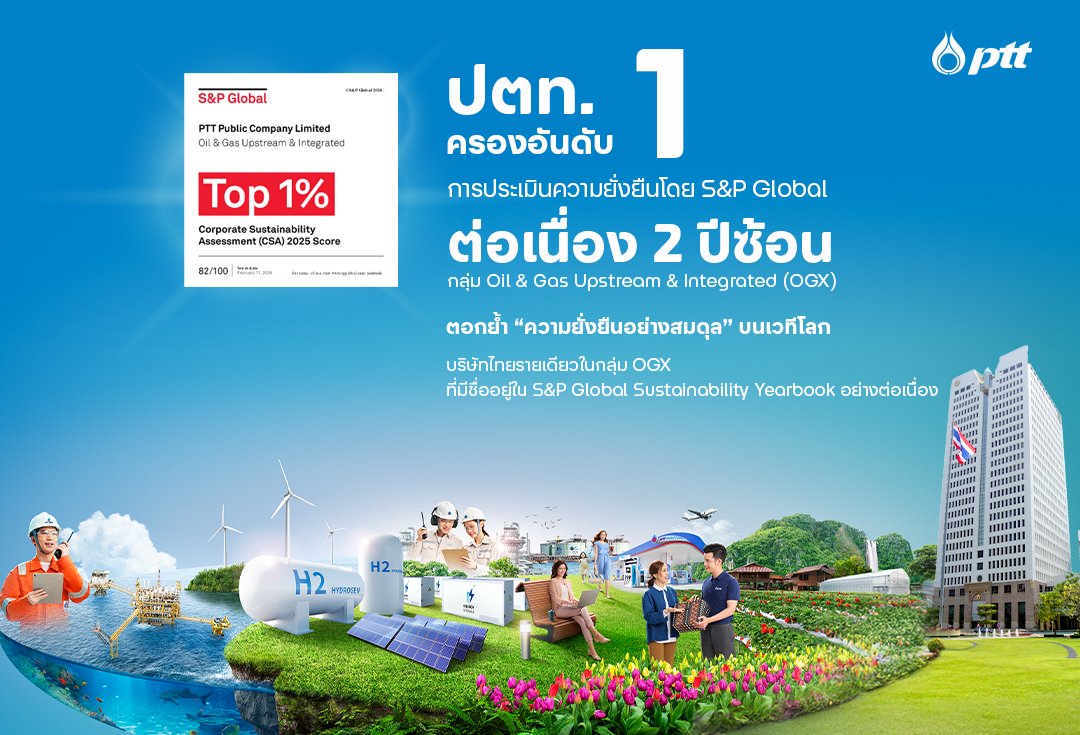 ปตท. ครองอันดับ 1 ของโลก 2 ปีซ้อน จากการประเมินความยั่งยืนโดย S&P Global ในกลุ่ม Oil & Gas Upstream & Integrated (OGX)