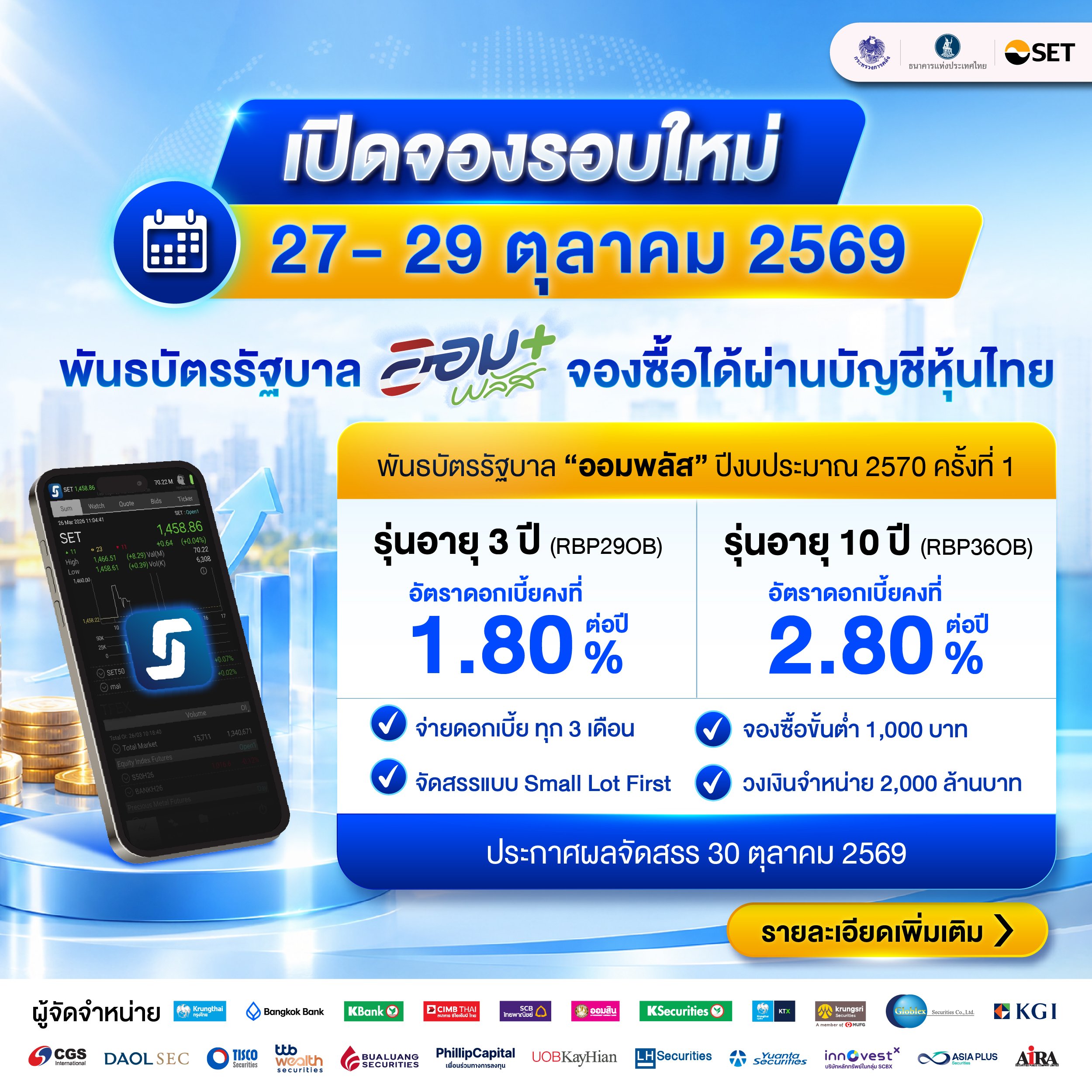 พันธบัตรรัฐบาล “ออมพลัส” รอบใหม่ ปีงบประมาณ 2570 ครั้งที่ 1 เปิดจอง 27-29 ต.ค.นี้