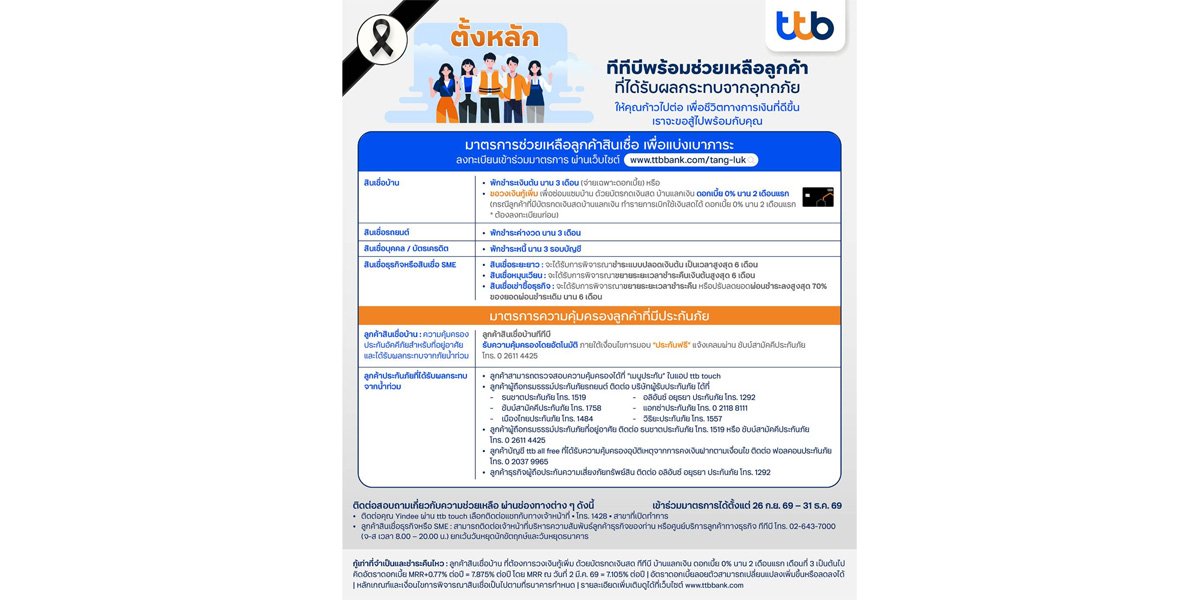 ทีทีบี ออกมาตรการ “ตั้งหลัก” ช่วยเหลือผู้ประสบอุทกภัย