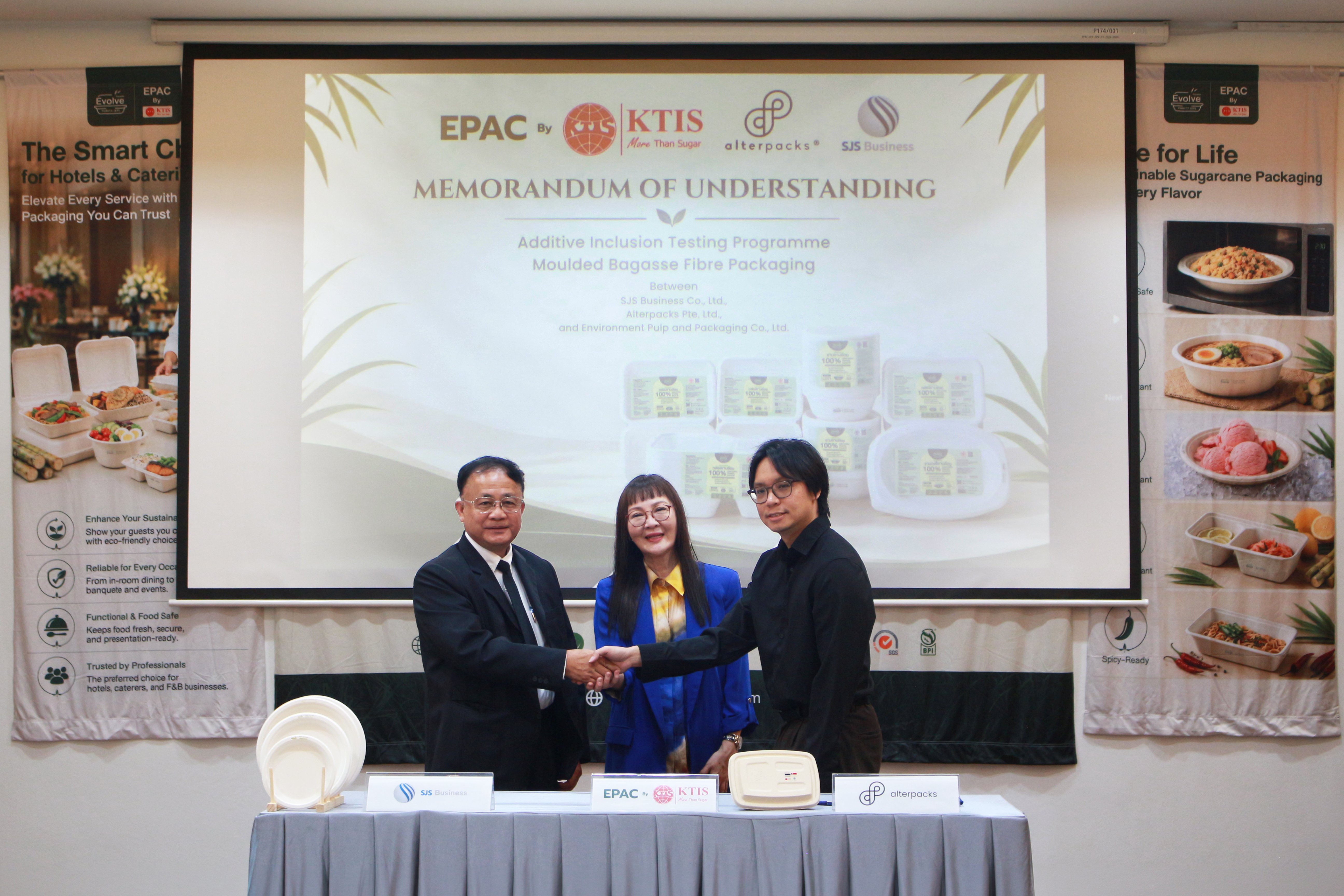 KTIS ผนึก Alterpacks สิงคโปร์ และ SJS ลงนาม MOU นำเทคโนโลยีนวัตกรรมผลิตบรรจุภัณฑ์ชานอ้อย 100%