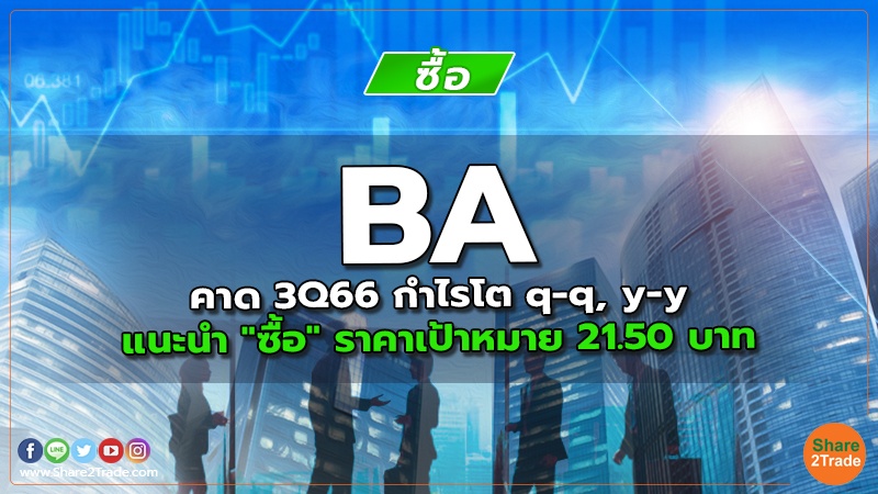 BA คาด 3Q66 กำไรโต q-q, y-y แนะนำ "ซื้อ" ราคาเป้าหมาย 21.50 บาท