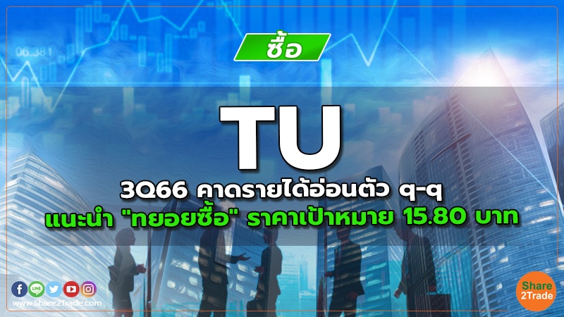 TU 3Q66 คาดรายได้อ่อนตัว q-q แนะนำ "ทยอยซื้อ" ราคาเป้าหมาย 15.80 บาท