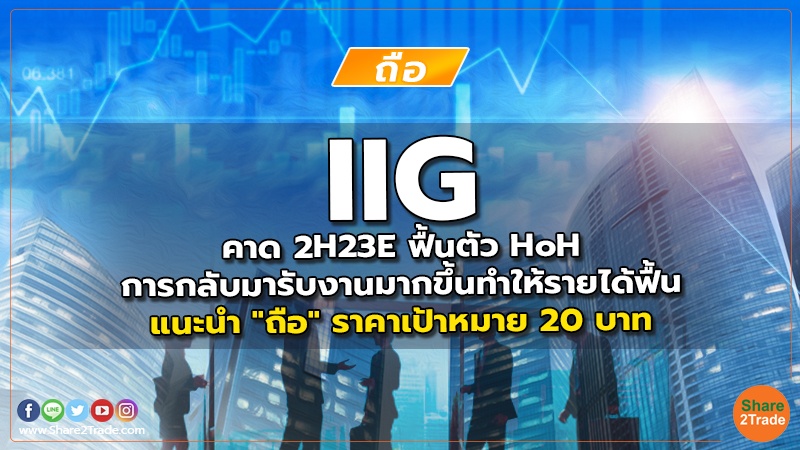 IIG คาด 2H23E ฟื้นตัว HoH การกลับมารบังานมากขึ้นทำให้รายได้ฟื้น แนะนำ "ถือ" ราคาเป้าหมาย 20 บาท