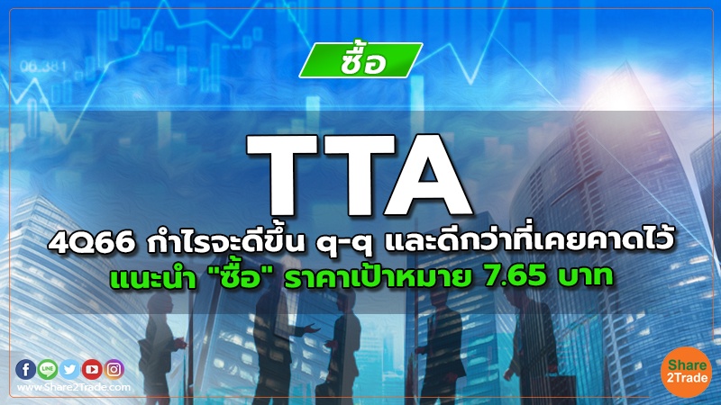 TTA 4Q66 กำไรจะดีขึ้น q-q และดีกว่าที่เคยคาดไว้ แนะนำ "ซื้อ" ราคาเป้าหมาย 7.65 บาท