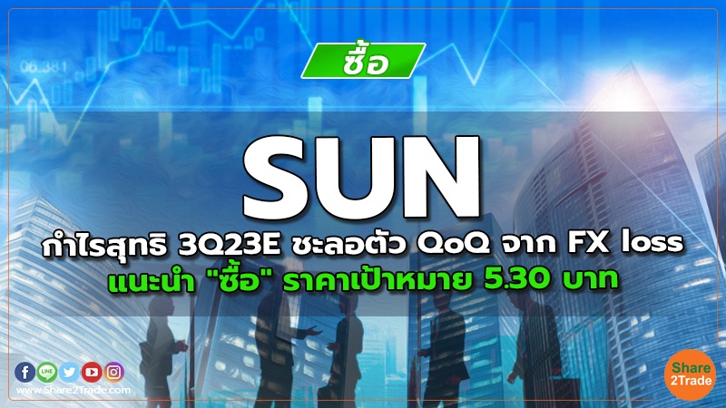 SUN  กำไรสุทธิ 3Q23E ชะลอตัว QoQ จาก FX loss แนะนำ "ซื้อ" ราคาเป้าหมาย 5.30 บาท