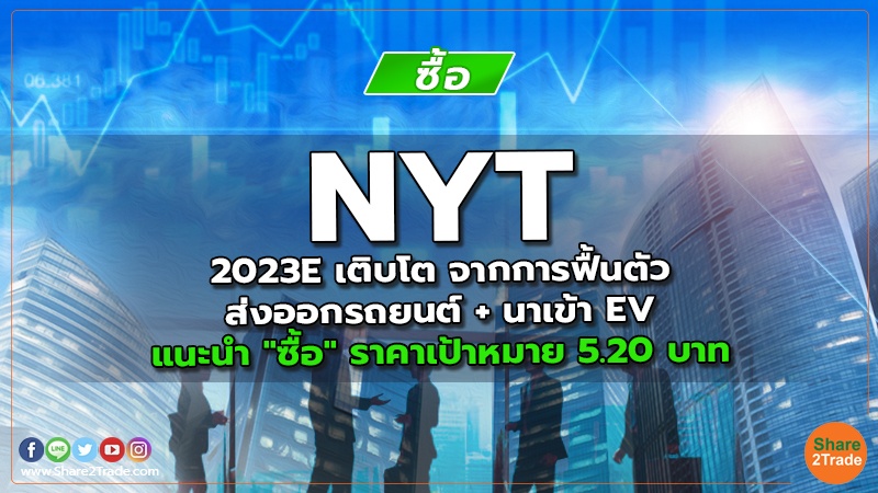 NYT 2023E เติบโต จากการฟื้นตัวส่งออกรถยนต์ + นาเข้า EV แนะนำ "ซื้อ" ราคาเป้าหมาย 5.20 บาท