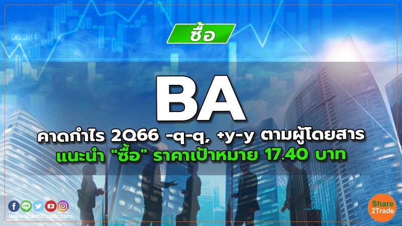 BA คาดกำไร 2Q66 -q-q, +y-y ตามผู้โดยสาร แนะนำ "ซื้อ" ราคาเป้าหมาย 17.40 บาท