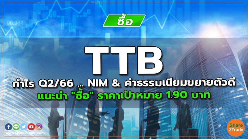 TTB กำไร Q2/66 ... NIM & ค่าธรรมเนียมขยายตัวดี แนะนำ "ซื้อ" ราคาเป้าหมาย 1.90 บาท