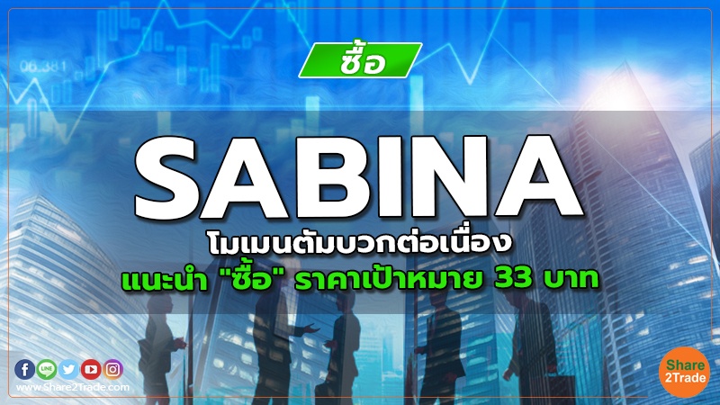 SABINA โมเมนตัมบวกต่อเนื่อง แนะนำ "ซื้อ" ราคาเป้าหมาย 33 บาท
