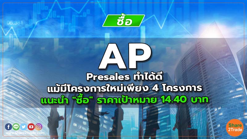 AP Presales ทำได้ดีแม้มีโครงการใหม่เพียง 4 โครงการ แนะนำ "ซื้อ" ราคาเป้าหมาย 14.40 บาท