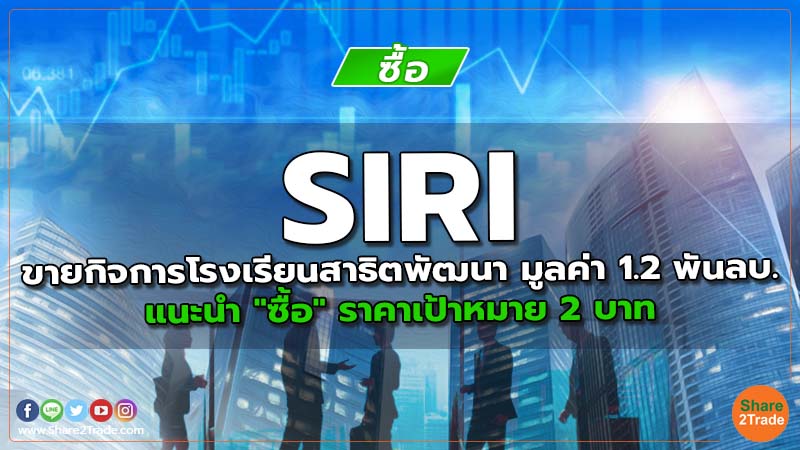 SIRI ขายกิจการโรงเรียนสาธิตพัฒนา มูลค่า 1.2 พันลบ. แนะนำ "ซื้อ" ราคาเป้าหมาย 2  บาท