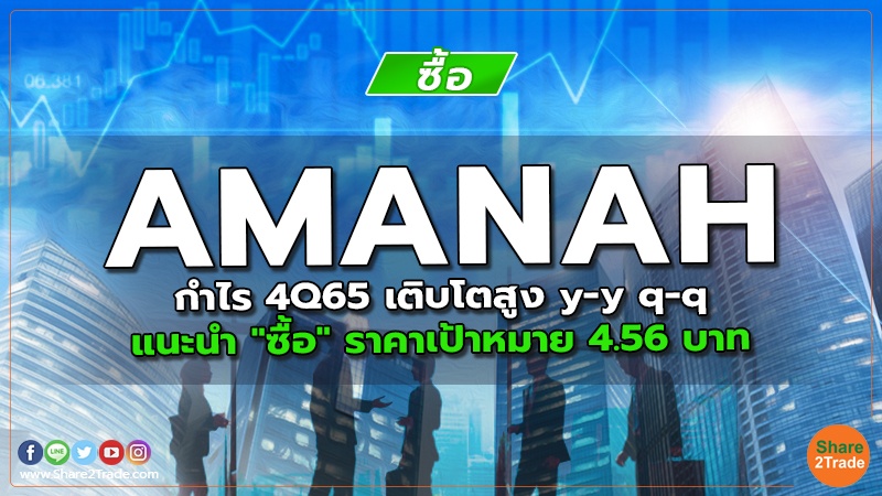 AMANAH กำไร 4Q65 เติบโตสูง y-y q-q แนะนำ "ซื้อ" ราคาเป้าหมาย 4.56 บาท