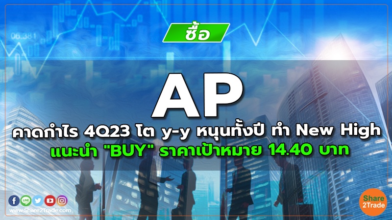 AP คาดกําไร 4Q23 โต y-y หนุนทั้งปี ทํา New High แนะนำ "BUY" ราคาเป้าหมาย 14.40 บาท