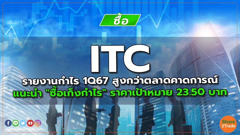 ITC รายงานกำไร 1Q67 สูงกว่าตลาดคาดการณ์ แนะนำ "ซื้อเก็งกำไร" ราคาเป้าหมาย 23.50 บาท