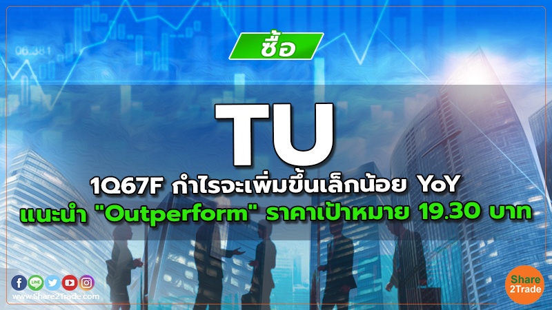 TU 1Q67F กำไรจะเพิ่มขึ้นเล็กน้อย YoY แนะนำ "Outperform" ราคาเป้าหมาย 19.30 บาท