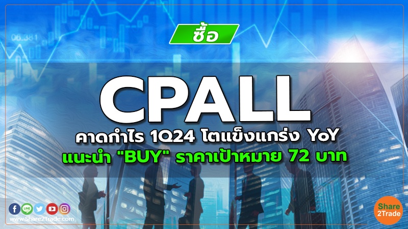 CPALL คาดกำไร 1Q24 โตแข็งแกร่ง YoY แนะนำ "BUY" ราคาเป้าหมาย 72 บาท