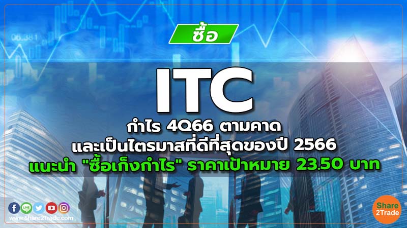 ITC กำไร 4Q66 ตามคาด และเป็นไตรมาสที่ดีที่สุดของปี 2566 แนะนำ "ซื้อเก็งกำไร" ราคาเป้าหมาย 23.50 บาท